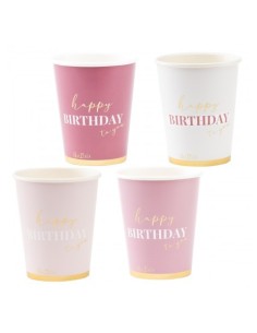 8 Bicchieri E 8 Cover In Cartoncino Happy Birthday To You Pink