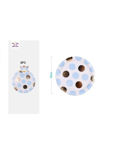 8 PIATTI POIS ORO E CELESTI 18 CM