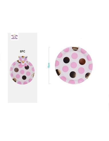 8 PIATTI POIS ORO E ROSA 18 CM
