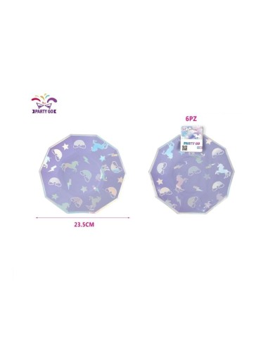 6 PIATTI VIOLA CON NUVOLE E UNICORNI 23,5 CM